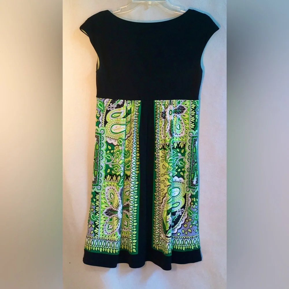 LONDON TIMES Black Green empire waist minidress Short sleeve Square neckline S6 - Picture 2 of 13